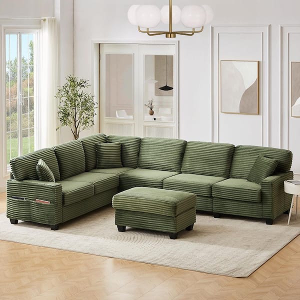 125.2 in. Square Arm Corduroy Upholstered L-shaped Sectional Sofa Sofa in. Green with a Movable Ottoman
