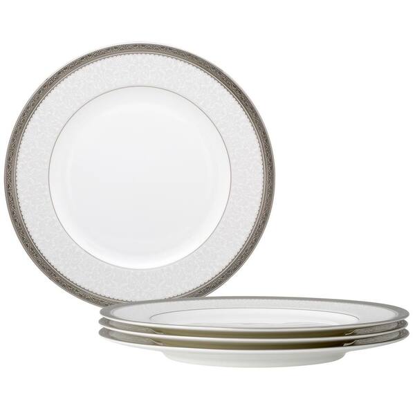 Noritake Odessa Platinum 10.5 in. White Bone China Dinner Plates Set Of