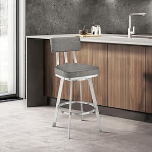 Jinab 38-42 in. Grey/Brushed Stainless Steel Metal 30 in. Bar Stool with Faux Leather Seat
