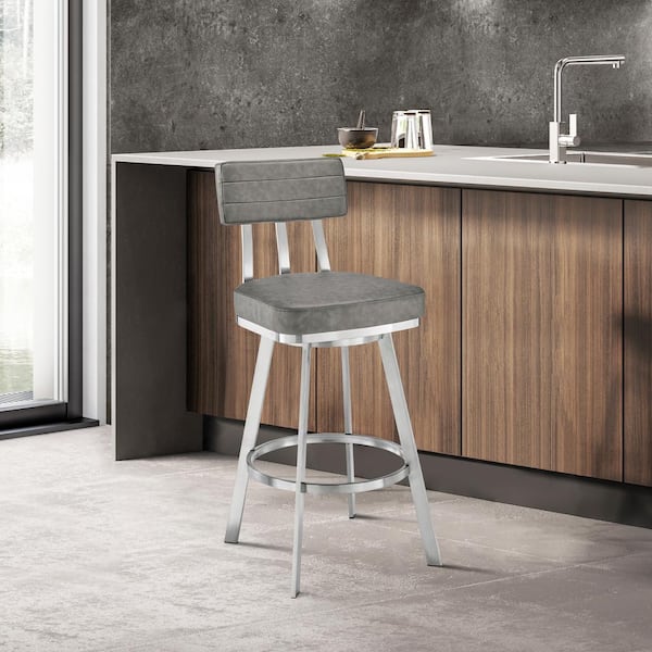 Armen Living Jinab 38-42 in. Grey/Brushed Stainless Steel Metal 30 in. Bar Stool with Faux Leather Seat