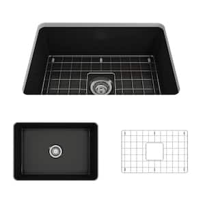 Sotto Undermount Fireclay 27 in. Single Bowl Kitchen Sink with Bottom Grid and Strainer in Matte Black