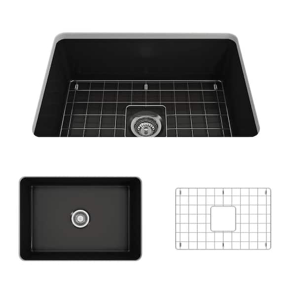 BOCCHI Sotto Undermount Fireclay 27 in. Single Bowl Kitchen Sink with Bottom Grid and Strainer in Matte Black