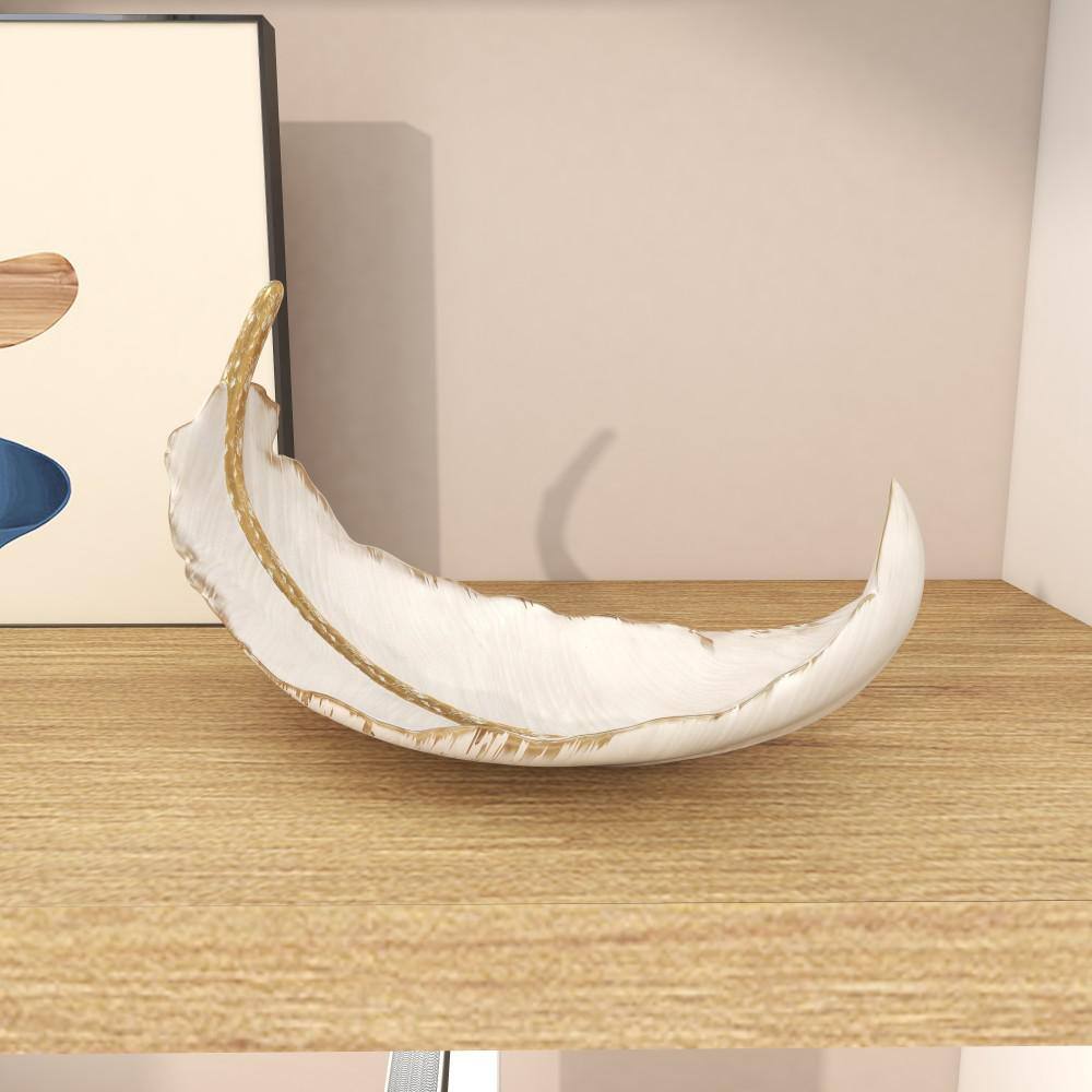 Elegant Oval White and Gold Polystone Feather Decorative Bowl