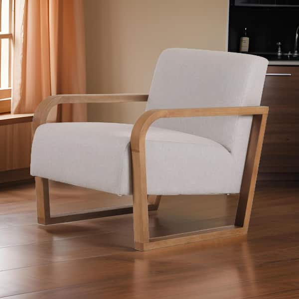 Beige and Brown Linen Arm Chair with Cushioned Seat and Back