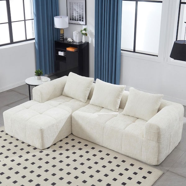 98 in. Square Arm 3-piece L Shaped Chenille Modular Deep Seat Sectional Sofa Couch in. Beige with Chaise