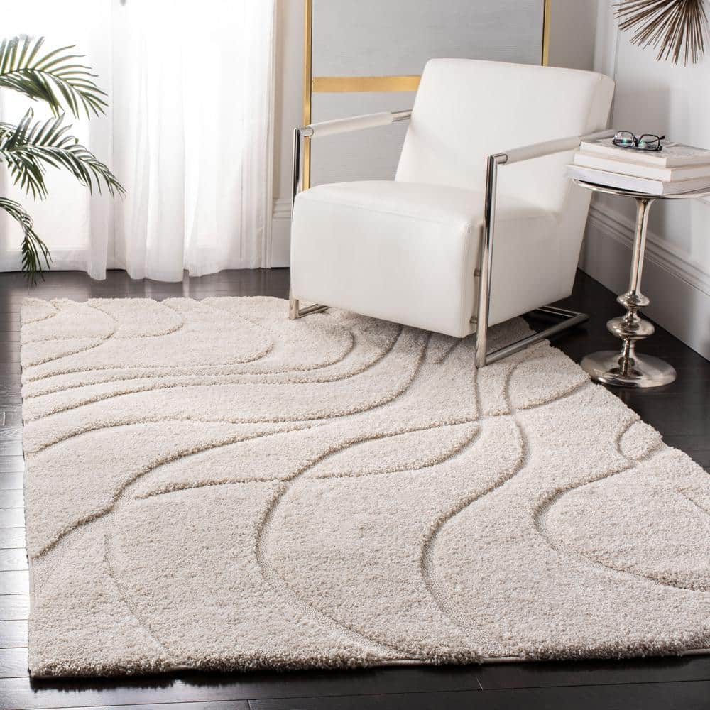 Cream Beige Rectangular Shag 6' x 9' Synthetic Rug