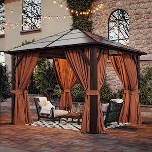 10 ft. x 10 ft. Outdoor Polycarbonate Roof Gazebo, Aluminum Frame Pergolas with Ceiling Hook, Curtains and Netting