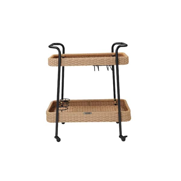 UPLAND Outdoor Bar Cart Tray with Wheels, 2-Tier Wicker Rolling Bar Beverage Serving Cart