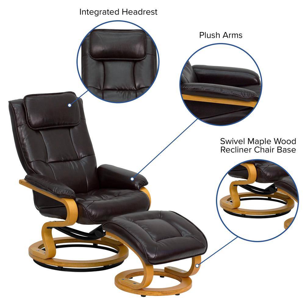 Brown Leather Swivel Recliner with Wood Frame