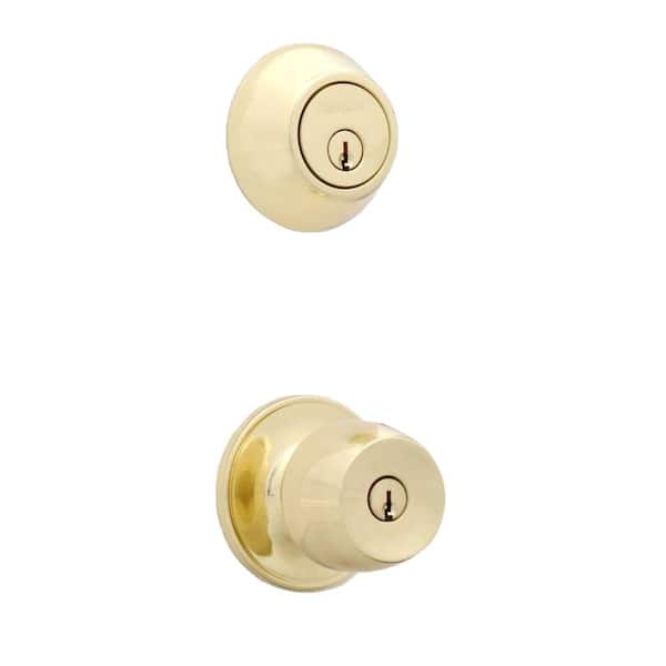 Defiant Brandywine Polished Brass Entry Knob and Double Cylinder Deadbolt Combo