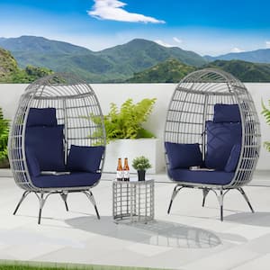3-Piece Patio Wicker Egg Chair Outdoor Bistro Set with Side Table, with Navy Blue Cushion