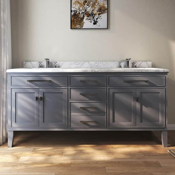 VLeaf 72 in. W x 21 in. D x 34.5 in. H Double Sinks Bath Vanity Cabinet in Maple Gray with Carrara Marble Top
