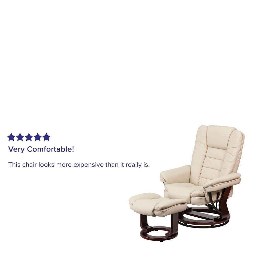 Beige Leather Swivel Recliner with Ottoman and Mahogany Wood Base