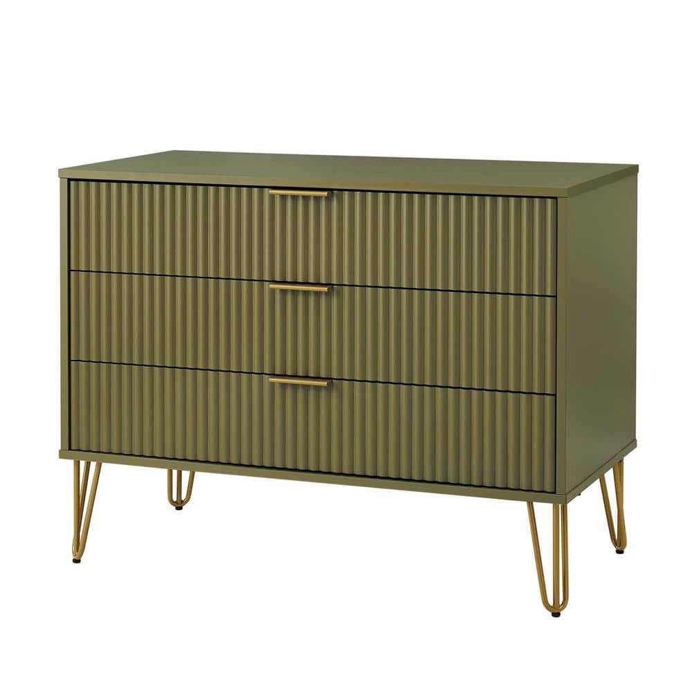 Olive Green 3-Drawer Chest with Gold Hairpin Legs