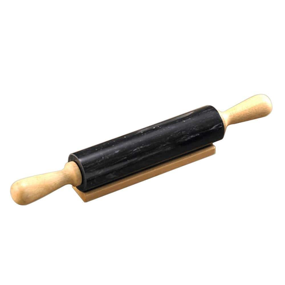 Creative Home Deluxe 18 in. Black Marble Rolling Pin with Wood Handles and Cradle