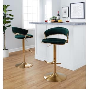 Jie 32.5 in. Green Velvet and Gold Metal Adjustable Bar Stool with Rounded T Footrest (Set of 2)