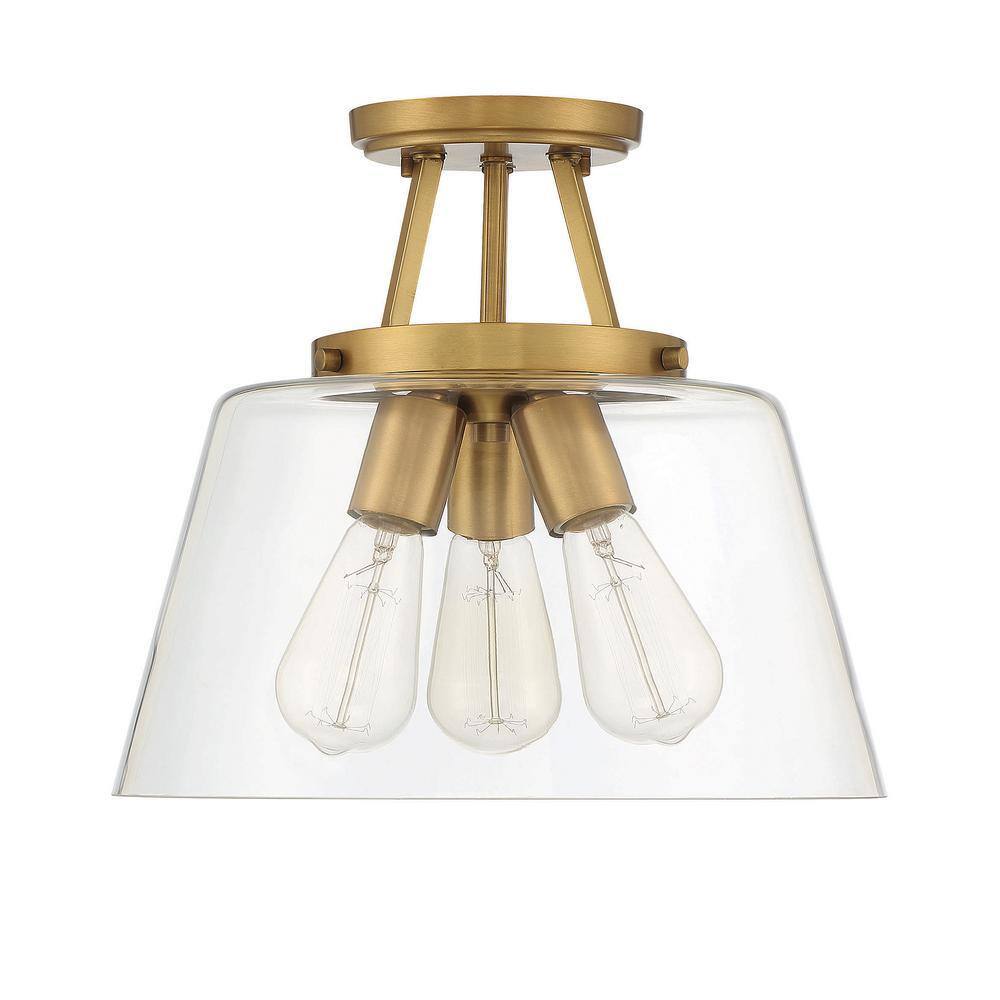 Calhoun Collection Warm Brass 3-Light Semi-Flush Mount with Clear Glass