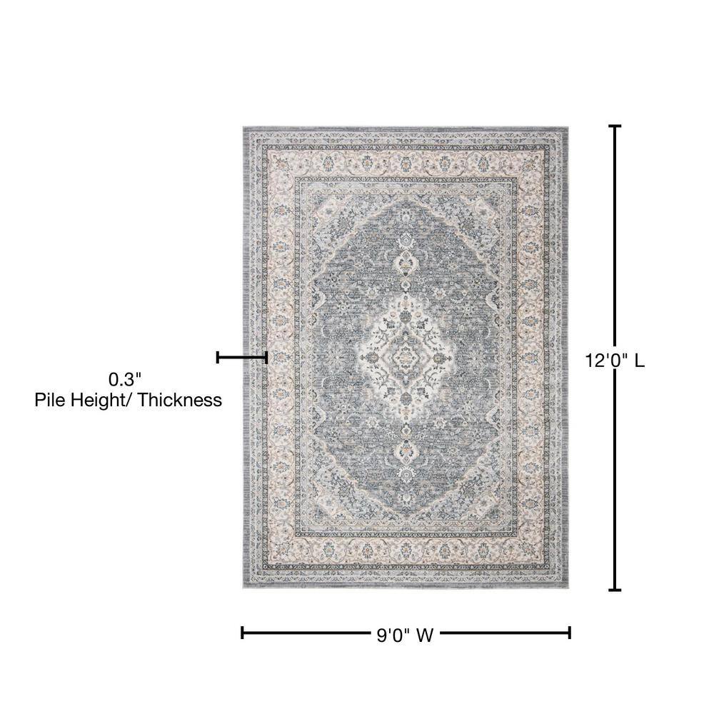 Grey and Cream Synthetic Stain-Resistant Oriental Area Rug, 9' x 12'