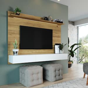 Natural Wall Mounted Floating Entertainment Center Fits TV up to 75 in., Home Theater with LED Strip, Pull-Out Drawers
