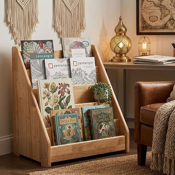 Wood Freestanding Magazine Rack 5-Tier Front Facing Book Display