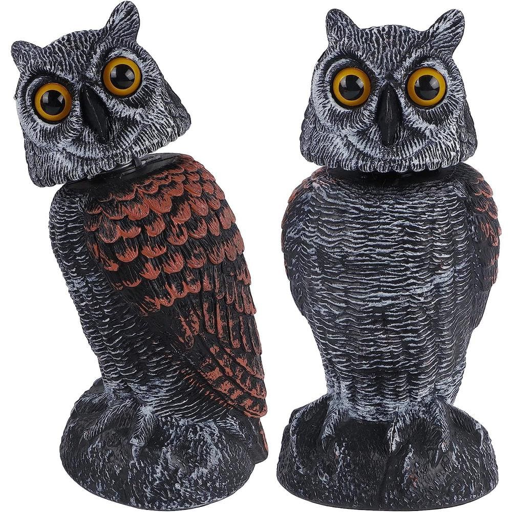 2-Pack Bird Scarecro-WattFake Owl Decoy Sculpture, Rotating Head Plastic Ow