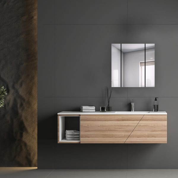 Royale 36 in W x 36 in. H Rectangular Tri-View Medicine Cabinet with Mirror Defogger and 3X Removeable Magnifying Mirror