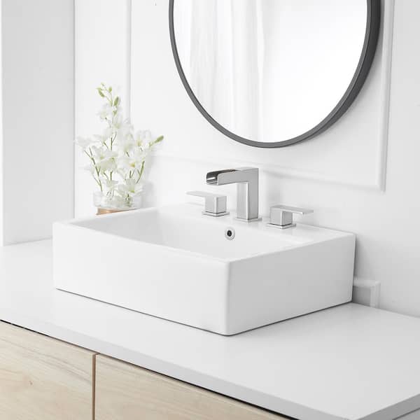 Waterfall 8 in. Widespread Double Handle Gold Bathroom Faucet Set 3 Holes Vanity Sink With Metal Drain In Brushed Nickel