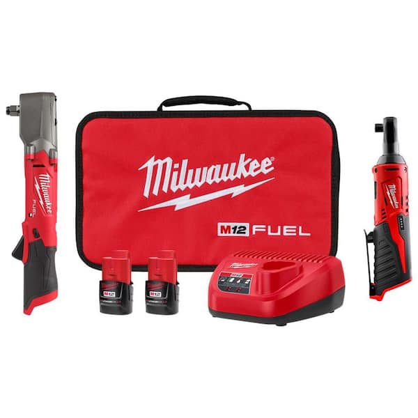 M12 FUEL 12V Lithium-Ion Brushless Cordless 1/2 in Right Angle Impact Wrench Kit w Two 2.0 Ah Batteries & 1/2 in Ratchet