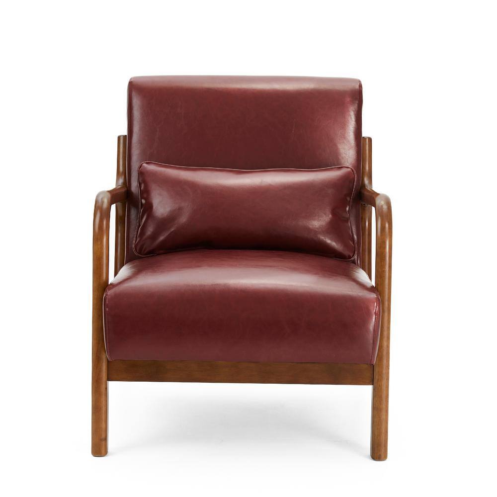 Burgundy Faux Leather Barrel Accent Chair with Wood Frame