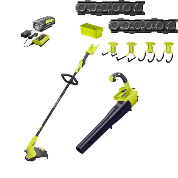 RYOBI 40V Cordless Battery String Trimmer & Jet Fan Blower w/ LINK Wall Storage Kit - 4.0 Ah Battery and Charger Included