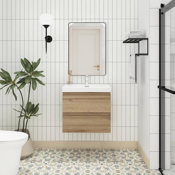 Boosicavelly 24 in. W X 19.5 in. D x 22.5 in. H Single Sink Wall-Mounted Bath Vanity in F. Oak with White Resin Top