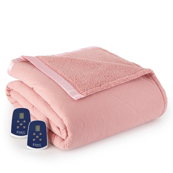 Micro Flannel Sherpa Reverse King Frosted Rose Electric Heated Blanket