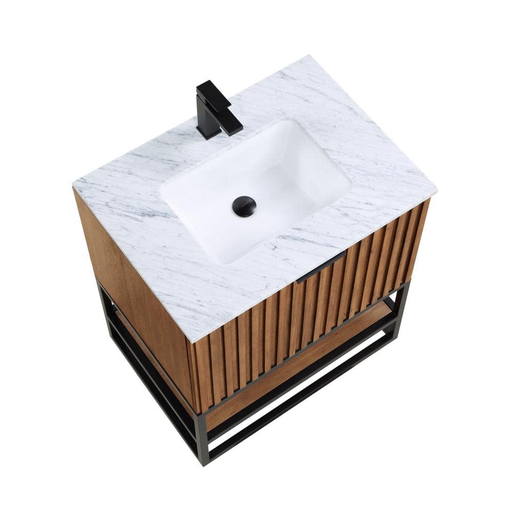 Terra Walnut and Matte Black Single Bathroom Vanity with Carrara Marble Top