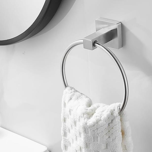 Wall Mounted Towel Ring Bath Round Towel Hanger for Bathroom Square Base Hand Towel Holder in Brushed Nickel
