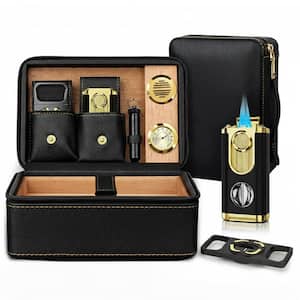 8.35 in. W x 3.74 in. H Modern Black Cedar Wood Leather Travel Cigar Humidor Set Cigar Case with Hygrometer Humidifier