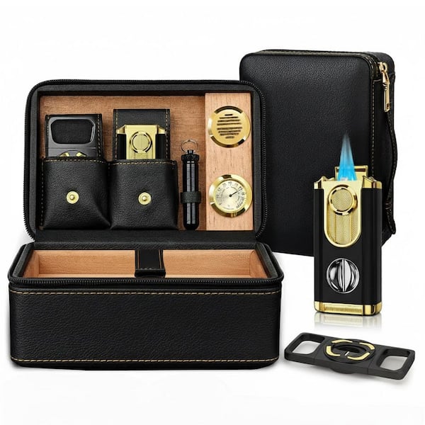 8.35 in. W x 3.74 in. H Modern Black Cedar Wood Leather Travel Cigar Humidor Set Cigar Case with Hygrometer Humidifier