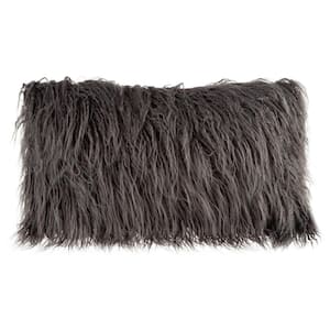 Gray 12 in. W x 20 in. L Faux Mongolian Fur Decorative Lumbar Throw Pillow