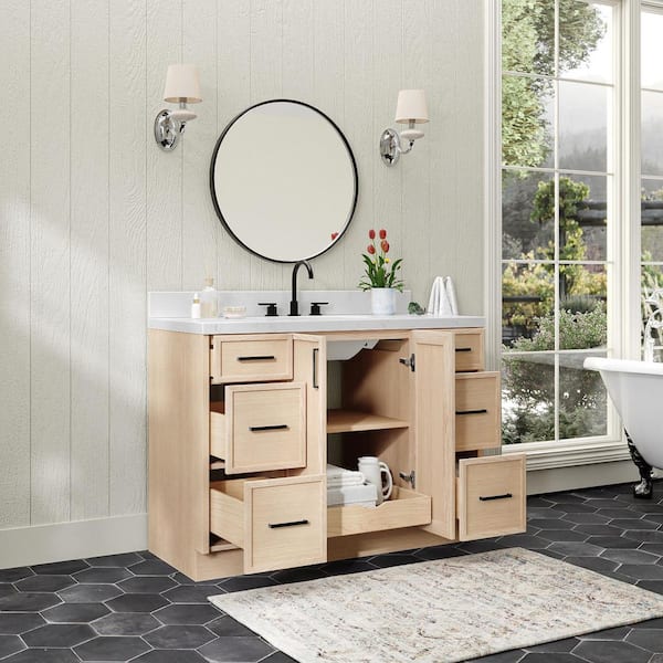 Ariel Cambridge 55 Inch Single Oval Sink Bathroom Vanity With Pure White Quartz Countertop 1 5 Inch Edge In Oak