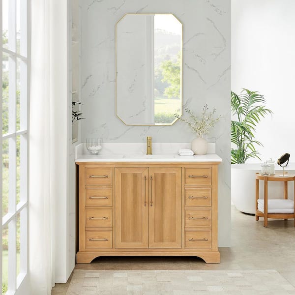 Tokyo 48 in. W. x 22 in. D x 44 in. H Single Bath Vanity in Oak Natural Brown with Silk White Quartz Stone Top