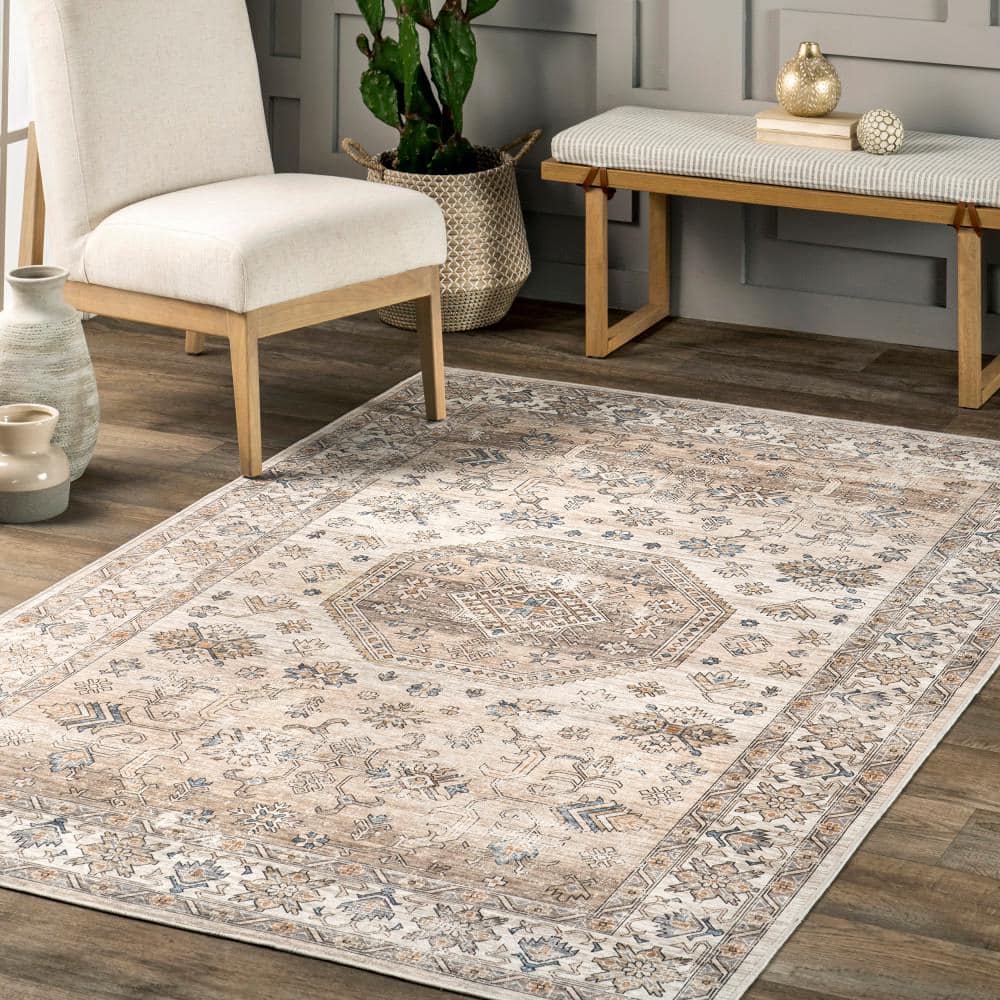 Darby Beige and Ivory Synthetic Flat Woven Washable Area Rug