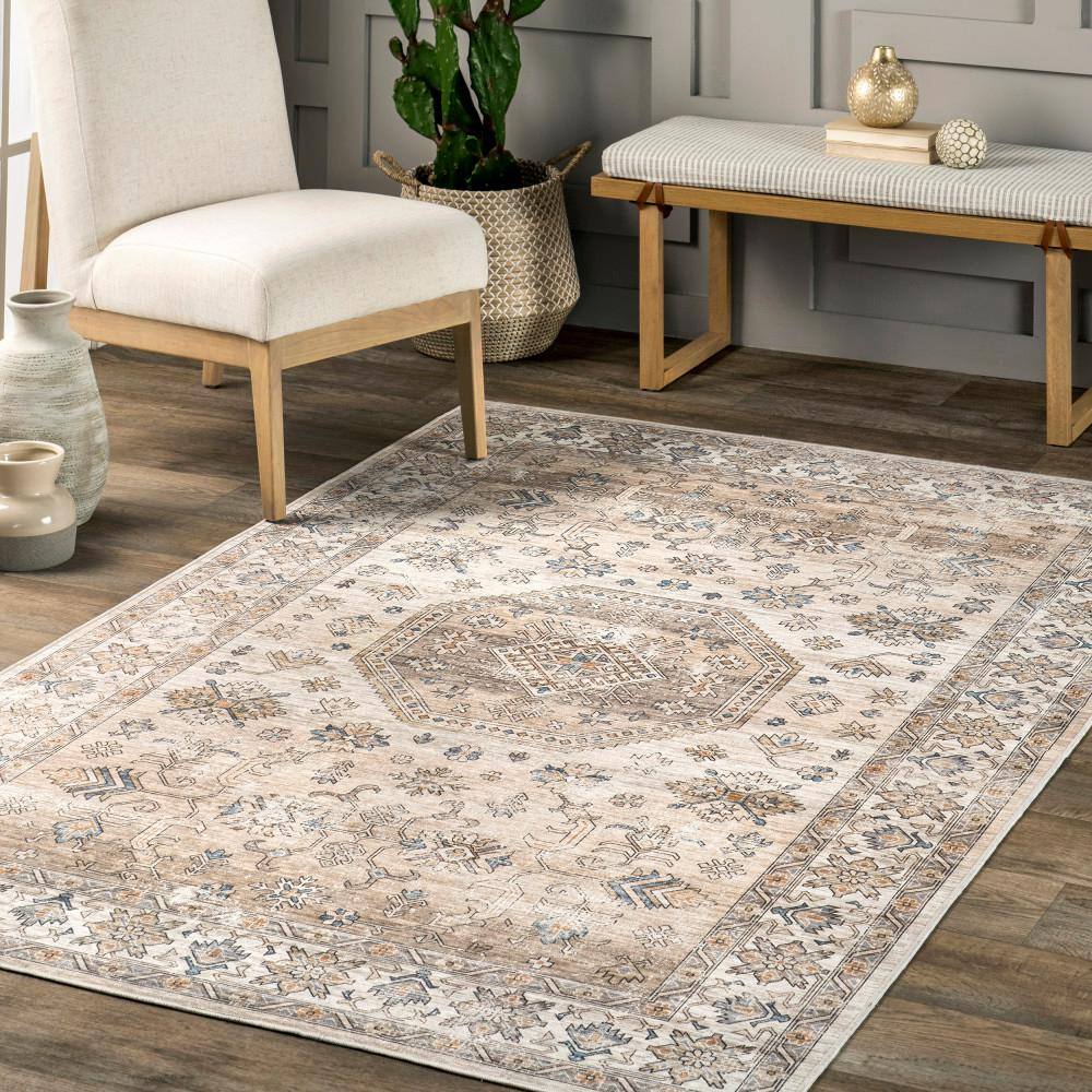 Beige and Ivory Synthetic Washable 4' x 6' Area Rug