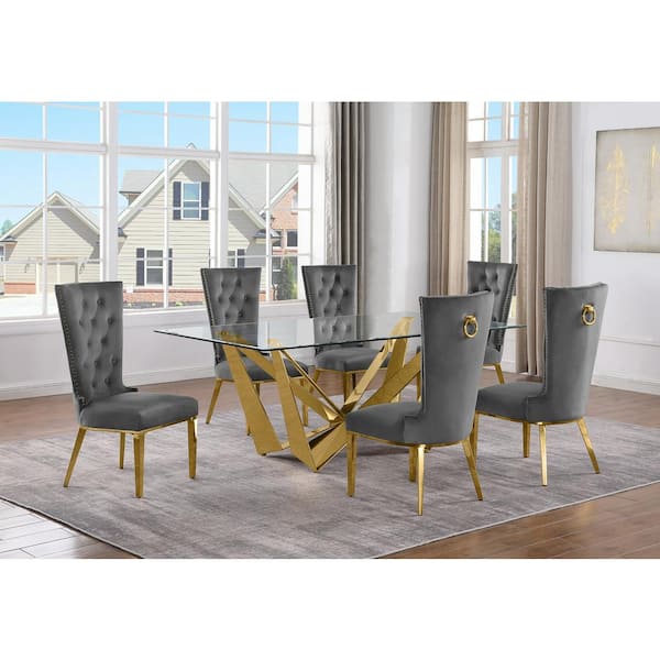 Best Quality Furniture Rae 7-Piece Rectangular Glass Top Gold Stainless Steel Base Dining Set With 6 Dark Grey Velvet Chairs