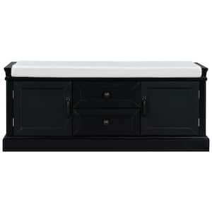 Black Pine wood frame and legs MDF panels Shoe Storage Bench with Removable Cushion 2-Drawers and 2-Cabinets