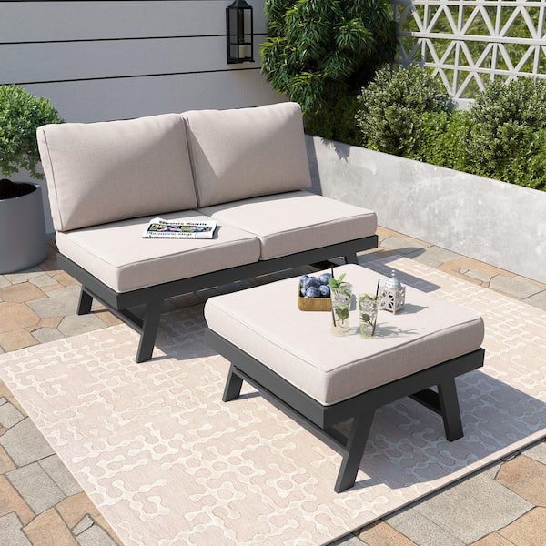 Crestlive Products Leisure Black 2 of Pieces Aluminum Outdoor Couch with Polyester Beige Cushions