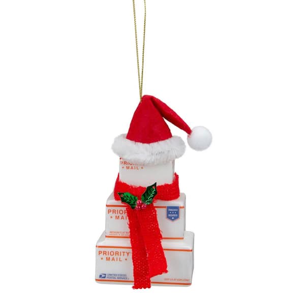 Northlight 4.5 in. White and Red USPS Priority Mail Stacked Packages Santa Hat Christmas Ornament