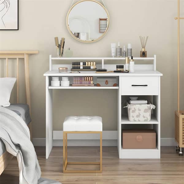 Costway 42 in. White Computer Desk with Charging Station Drawer