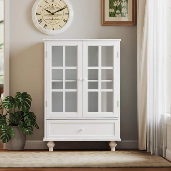 Boosicavelly White Particle Board 27.95 in. Storage Sideboard with Double Glass Doors and Drawer