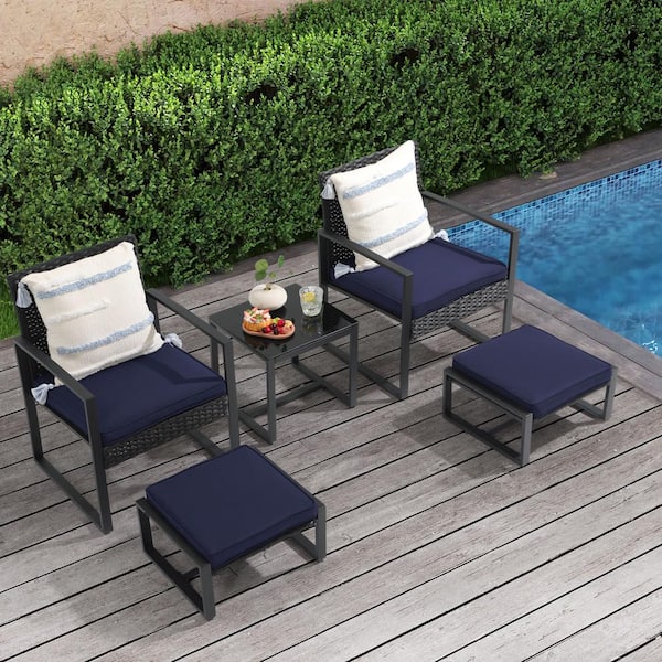 Freestyle 5-Piece Wicker Black Outdoor Bistro Set with Ottomans, Blue Cushions