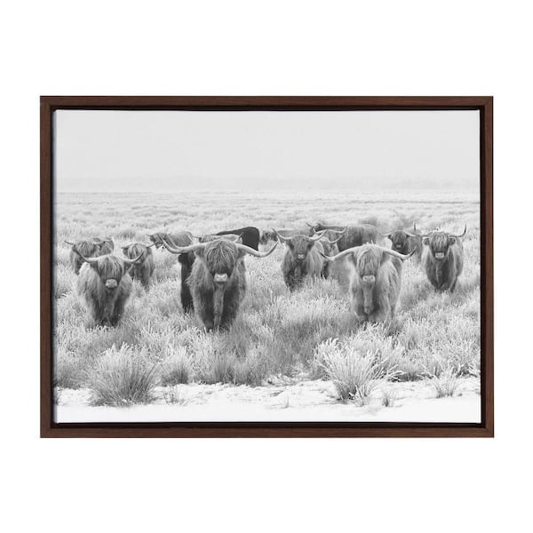 Kate and Laurel Sylvie Herd of Highland Cows Black and White by The Creative Bunch Studio Framed Art Print 24 in. x 18 in.