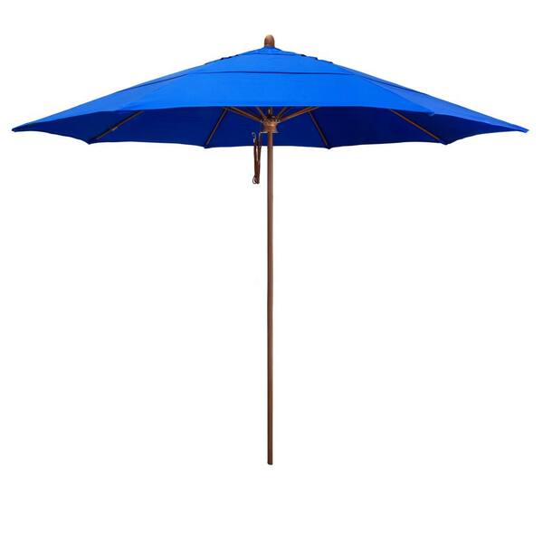 California Umbrella 11 ft. Woodgrain Aluminum Commercial Market Patio Umbrella Fiberglass Ribs and Pulley Lift in Pacific Blue Sunbrella
